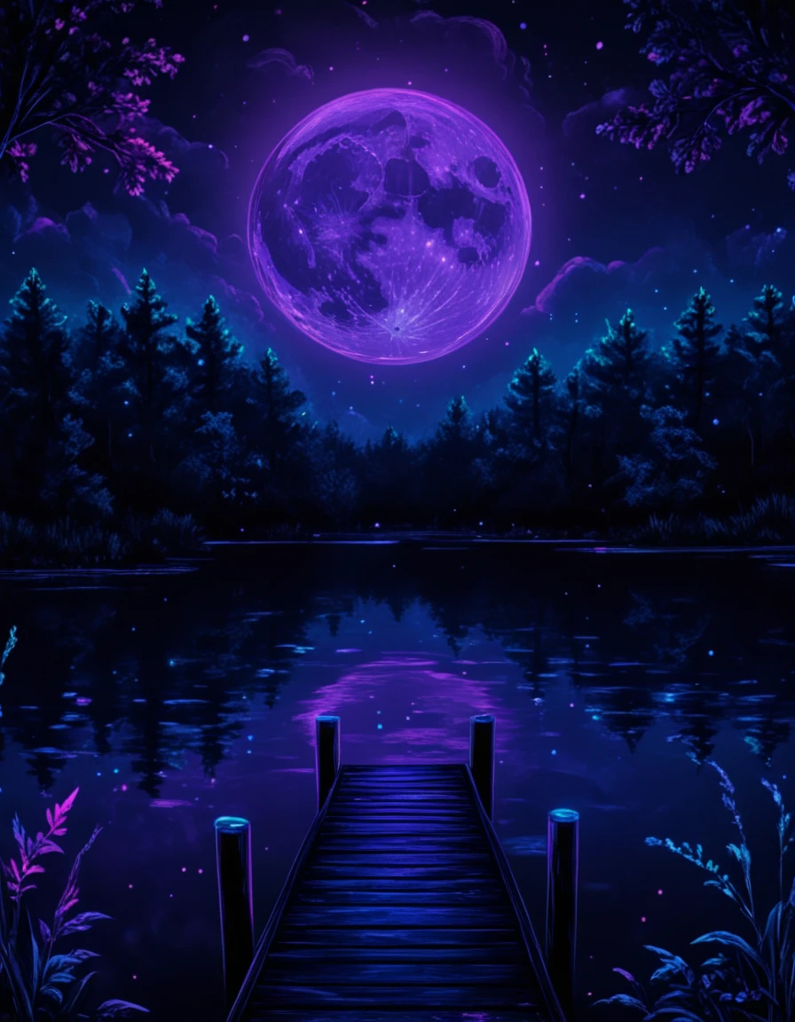 novuschroma80 style quiet dock at night with the moonlight reflecting on the water  blacklight art <lora:novuschroma80 style:1>