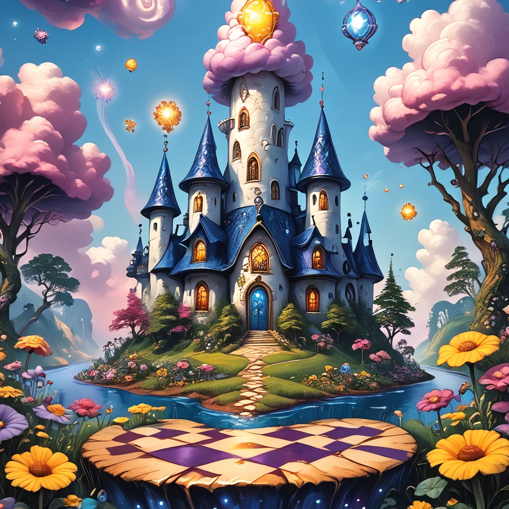 score_9, score_8_up, score_7_up, score_6_up, score_5_up, score_4_up,  <lora:WonderlandPony_r1:1> ArsMJStyle, Wonderland, A vibrant, dreamlike landscape with twisted trees, floating teacups, and glowing mushrooms. A river of liquid stardust flows through the scene, with pastel-colored clouds swirling overhead. Giant flowers with faces, chessboard-patterned hills, and a distant castle in the sky complete the surreal wonderland.