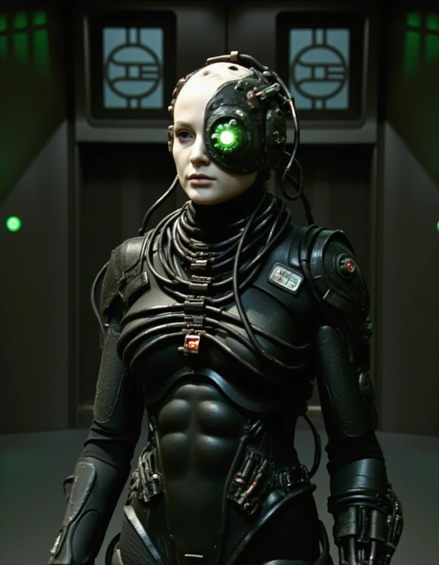 hyper realistic Borg woman from Star Trek, standing in a dark, mechanical environment. Her face is pale with a mix of human features and sleek cybernetic implants. A glowing green ocular device covers one eye, with wires running down her neck into her body. Her skin is interlaced with black mechanical plating, exposing only a few patches of organic flesh. The outfit is a mix of high-tech armor and organic elements, with wires and tubes snaking around her limbs. The background is filled with shadowy machinery and faint green lights, emphasizing the cold, calculating nature of the Borg. The overall style is dark, gritty, and industrial, with an eerie, green-tinted glow casting shadows across her form. <lora:borg_v1:0.8>