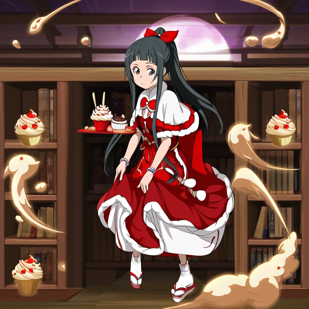 yui (sao), red bow, holding chopsticks, hand between legs, bracelet, skirt, bookshelf, red dress, capelet, cupcake, 1girl, tray, full moon, skirt hold, solo, high ponytail, long dress, tabi