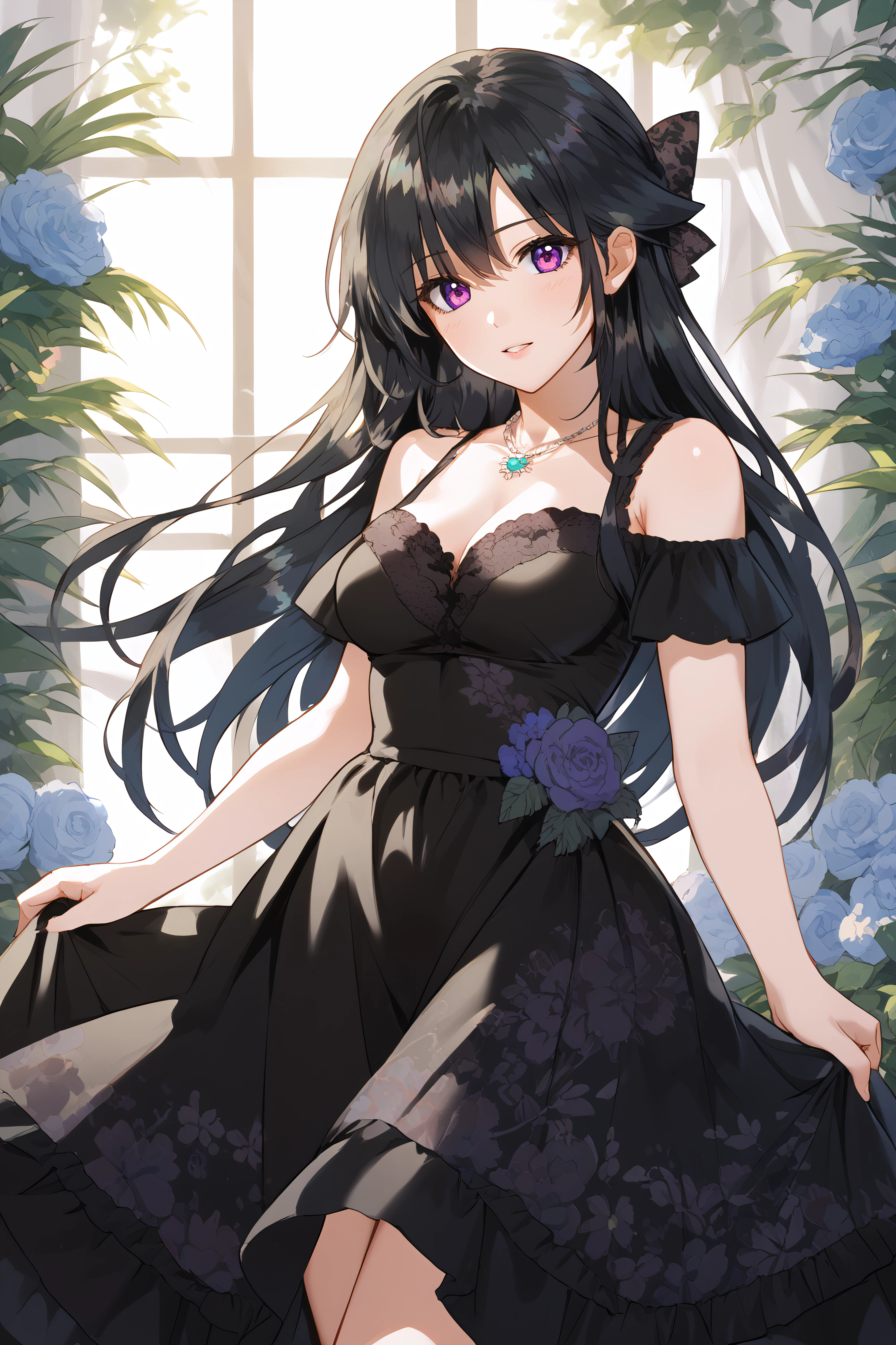 score_9, score_8_up, score_7_up, BREAK source_anime, <lora:Rainelle-PonyXL-lora-Faxtron:1> rainelle, purple eyes, black hair, long hair, shiny hair, medium breasts, necklace, black dress, bare shoulders, floral print, collarbone,