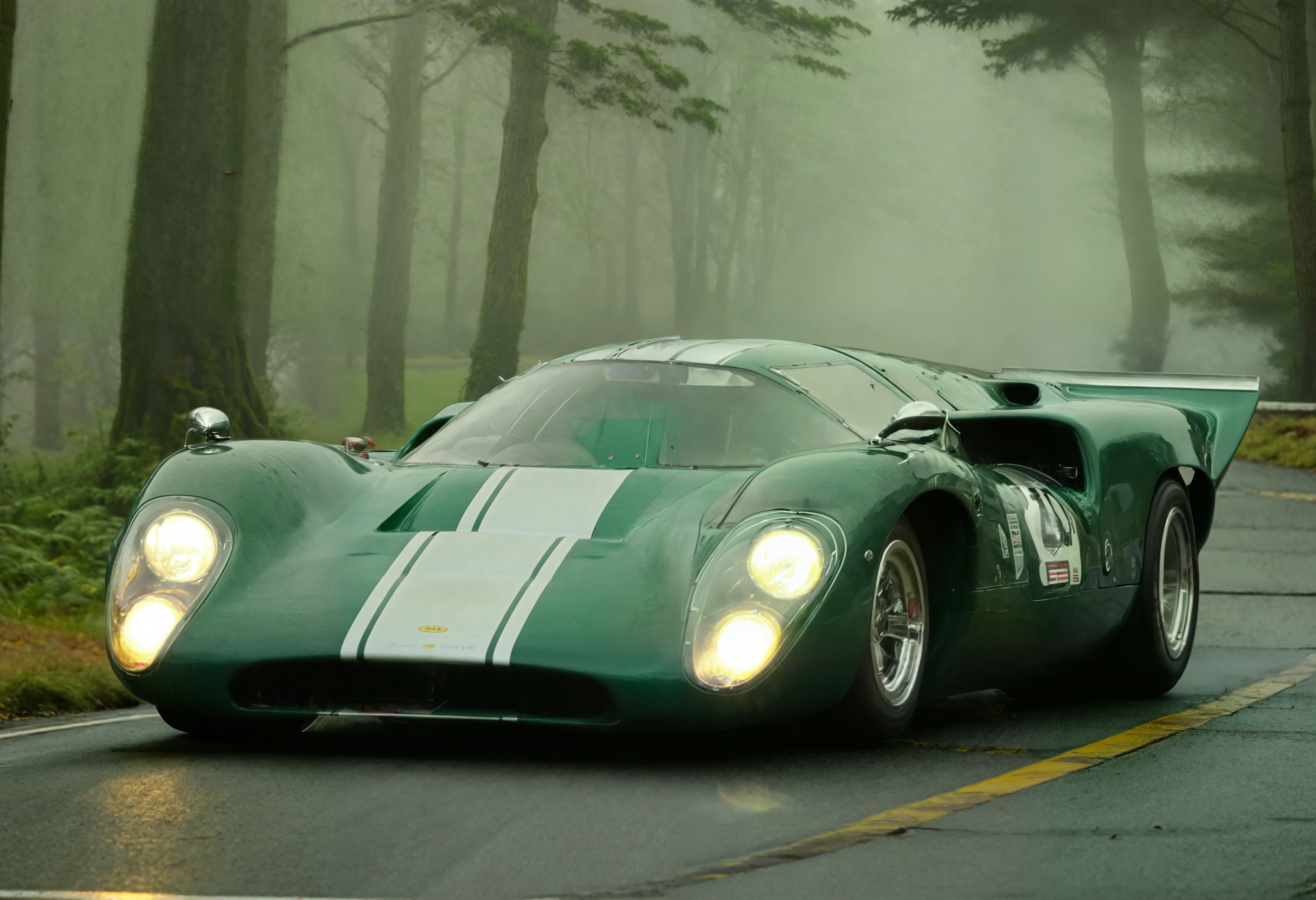 a photograph of a Teal Green lolat70mk3 sports car with Silver Sage stripes, mark 3b, front 3/4 view, (solo:1.25), Fog/Mist: A misty or foggy setting that creates an ethereal and mysterious ambiance., A sun-dappled, mossy glen in the woods., dark moody low-key, 