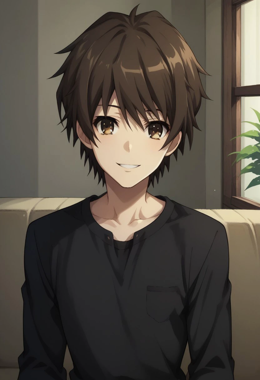 score_9, score_8_up, score_7_up, source_anime, highly detailed, 
koichi, 1boy, male focus, solo, brown eyes, brown hair, shirt, black shirt, indoors, smile, couch, upper body,
collarbone, sit,