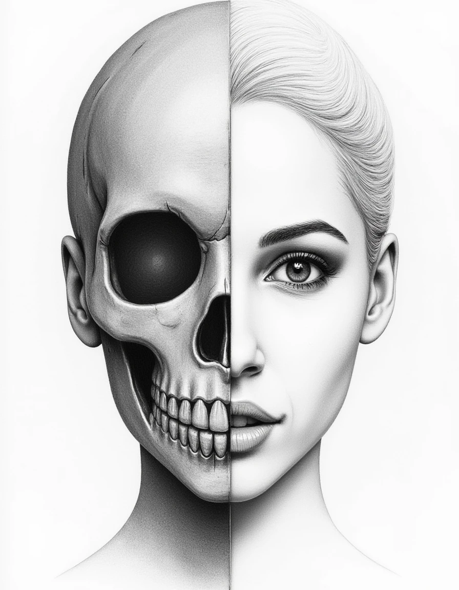 Detailed realistic drawing of the face of a woman facing the viewer but the left half of her face is skull while the right side of her face is normal. She has no hair on the left side of her face only a skull and also her eye-socket is hollow on the left side. <lora:Naomi_Scott_FLUX_v1-000031:1>