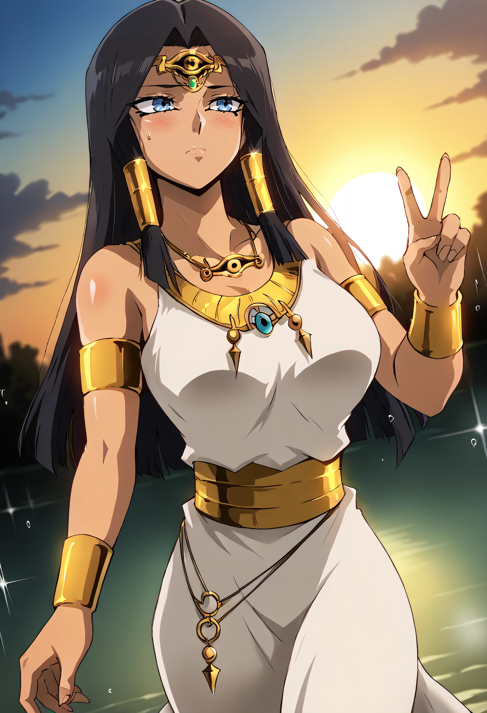 harayu, score_9, score_7_up, source_anime BREAK 1girl, looking ahead, dutch angle,
<lora:Ishizuishtar_Dwnsty:1>, ishishtar, dark-skinned female, eye of horus, jewerly, black hair, forehead jewel, long hair, hair tubes, blue eyes, white dress, armlet, bracelet, necklace, egyptian clothes,
large breasts, skindentation,lips, blush, closed mouth, bent back Middle of spine pushed backwards, fucked silly, v, Profile pose, Slim body,
 swamp, backlighting, cloudy sky, reflections,