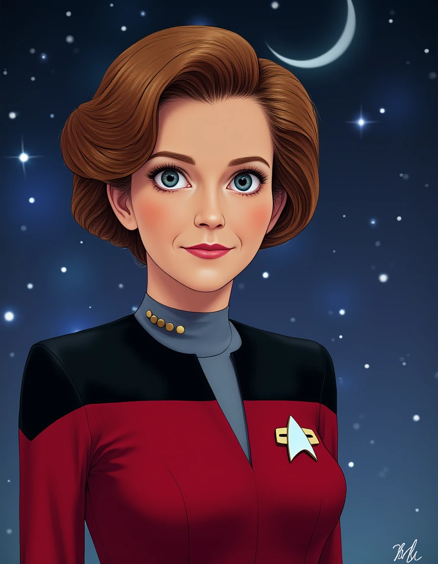 breathtaking  photo of  <lora:janeway-flux:1.0>  captain, kathryn, janeway, star, trek, voyager, with, shirt, uniform, starfleet uniform,40 years old  woman, futuristic background, space-themed imagery , manga, anime, (Studio ghibli style, Art by Hayao Miyazaki:1.2), Anime Style, Manga Style, Hand drawn, cinematic, Sharp focus, humorous illustration, big depth of field, Masterpiece, concept art, trending on artstation, Vivid colors, Simplified style, trending on ArtStation, trending on CGSociety, Intricate, Vibrant colors, Soft Shading, Simplistic Features, Sharp Angles, Playful