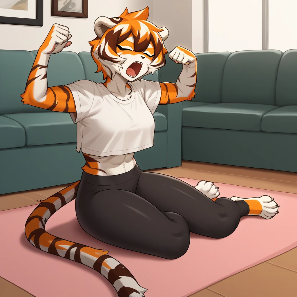 score_9, score_8_up, score_7_up, score_6_up, score_5_up, score_4_up, zPDXL2,source_furry,rating_questionable, 1girl, indoors, daytime, yoga leggings, baggy shirt, yawn, stretch, sitting down, couch <lora:Waai_Fu_-_Arknights:0.8>waaifu_arknights, furry female, tiger ears, orange hair, tiger girl, short hair, multicolored fur, tiger tail,