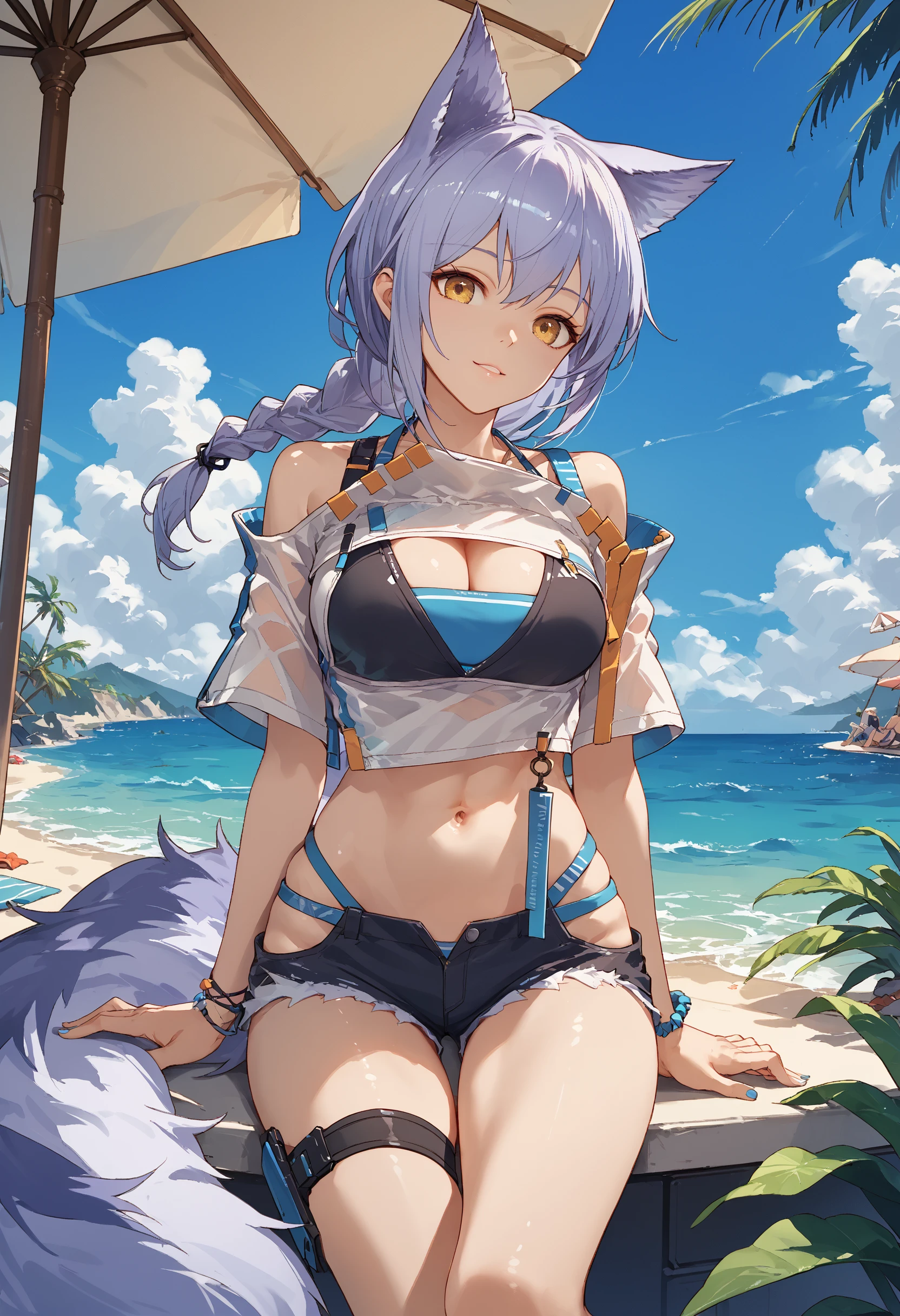 masterpiece, best quality, ultra hd, extremely detailed <lora:tosa-08:0.8>
1girl, solo, detailed face, detailed eyes, clear eyes, large breasts,
sumtosa, tosaswimsuit, fox mask, beach, two-tone bikini, white bikini, eyewear on head, highleg, thigh strap, 
standing,