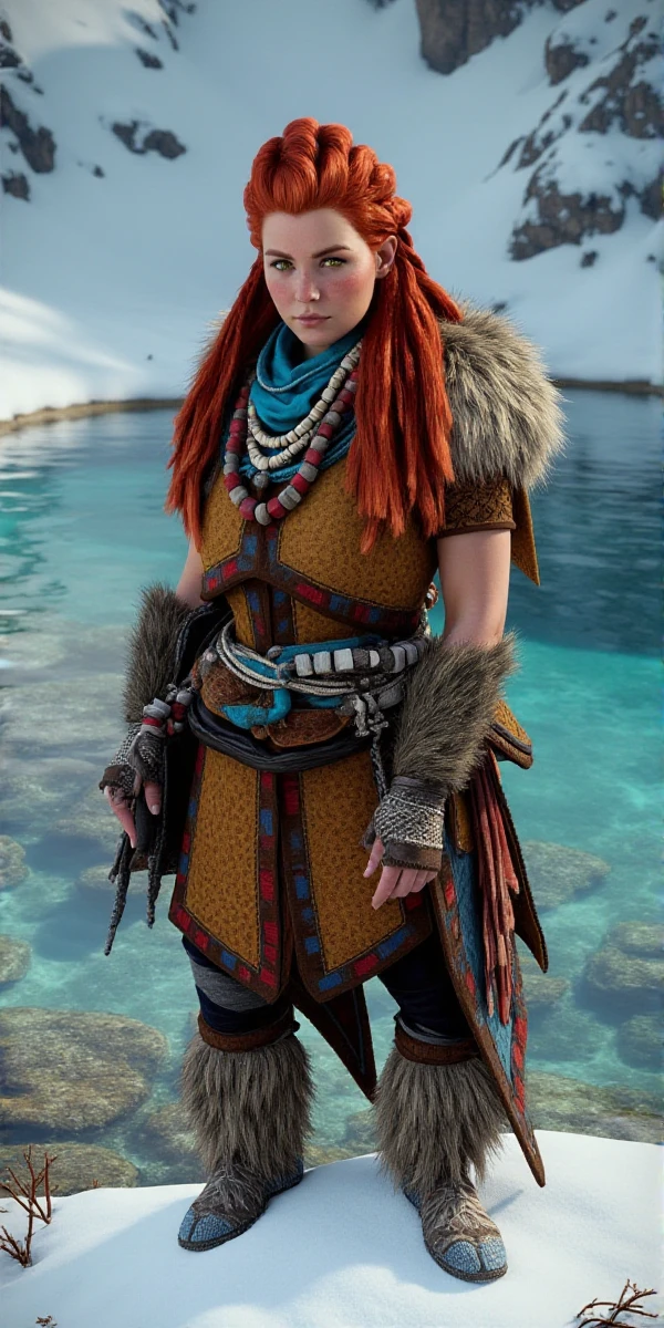 Aloy, a redhead woman with frekles and necklaces stands next to a lake surrounded by snow <lora:Aloy:0.9>