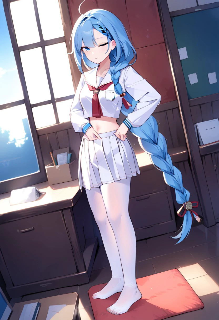 highest quality, masterpiece, High resolution, alone, {sea breeze_Fleet Collection:1.15}, 長hair, Blue eyes, Braid, シングルBraid, グレーhair, 前hair, very_長いhair, 別れた前hair, chest, blush, smile, 白hair, hair_, hairフラップ, 1 girl, full body figure, In underwear, locker room background,((nsfw))