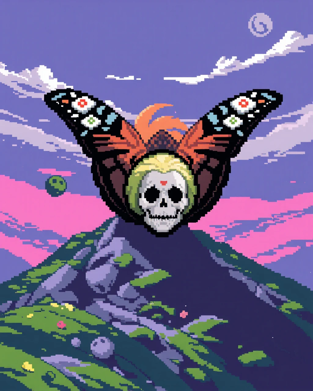 a psychedelic and trippy 

pixel art cosmic butterfly on haunted misty mountain with mystical phantom hallucination,  synthwave

 trippy_pa style