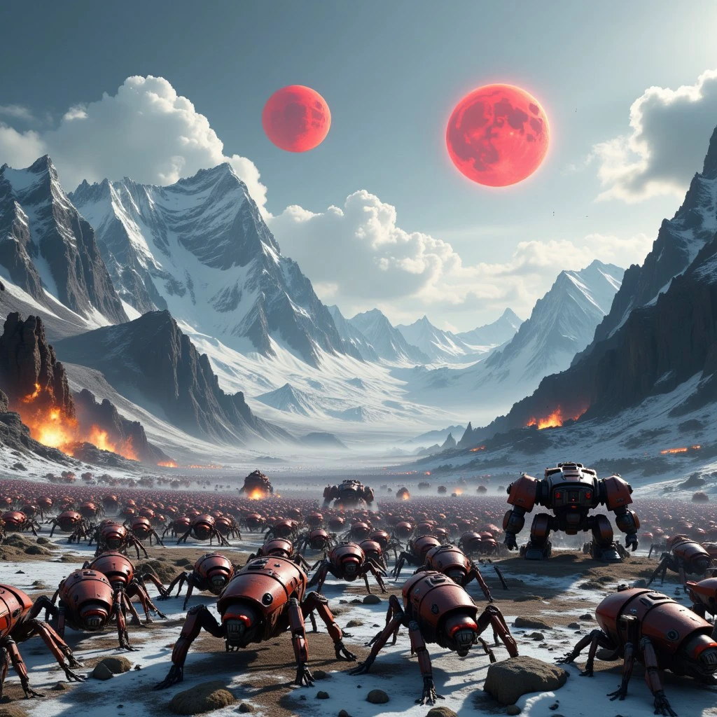 an extreme wide shot of a battlefield between an army of insect like kaijuus against an army of mechwarriors, BREAK, there are mountains on the background as high as Mount Everest, a frozen valley, two red suns in the sky, fire and explosions abound, cinematic volumetric lighting, shot with Sony Fx6