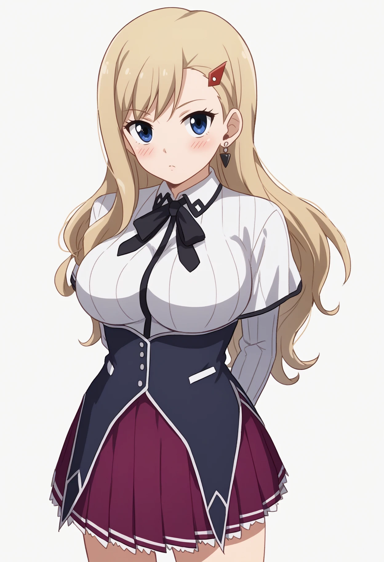 score_9, score_8, score_7, source_anime,BREAK, white background,1girl,rebecca_bluegarden,arms behind back, looking at viewer, blush, standing, full-body, long hair, blonde hair, earrings, blue eyes, hair ornament, hairclip, kuohacademy, school uniform, black capelet, white shirt, black ribbon, neck ribbon, long sleeves, corset, red skirt, pleated skirt, large breasts,<lora:Rebecca_Bluegarden_Edens_Zero_PonyXL__V1.0:0.5>,<lora:attire_kuohacademy_ponyXL:1>