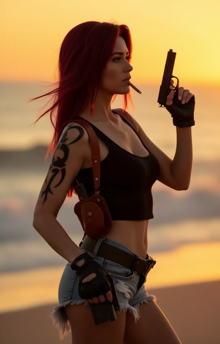 Revy, a woman with burgundy hair color, a black top, denim shorts and a gun in a holster, tattoo, army boots,  is holding a cigaret and aims a gun on the beach at sunset  <lora:Revy:0.8>