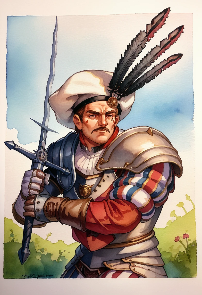 score_9, score_8_up, score_7_up, 2d, watercolor, traditional media, dutch angle, dynamic,
EmpireGreatsword, hat, hat feather, armor, two-handed, zweihander, flamberge, huge weapon,
<lora:EmpireGreatsword:1>