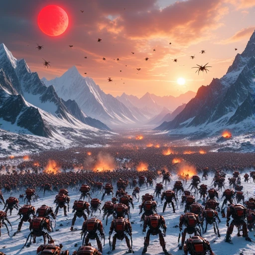 an extreme wide shot of a battlefield between an army of insect like humanoids against an army of mechwarriors, BREAK, there are mountains on the background as high as Mount Everest, a frozen valley, two red suns in the sky, fire and explosions abound, cinematic volumetric lighting, shot with Sony Fx6