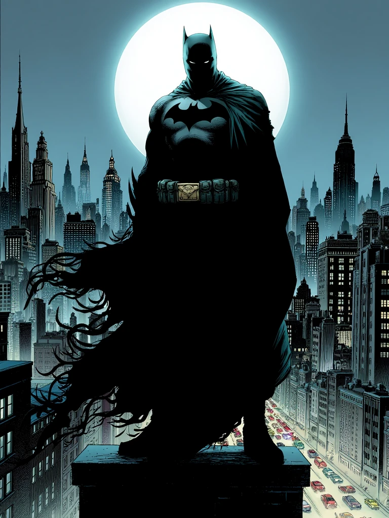 jimlee style, comicbook illustration, the main subject is batman, batman standing on highest skyscraper rooftop, he is surrounded by shadows and his cowl making his face completely black with only two white visible, he is wearing armored suit and long torn windblown cape that covering his whole body right from the shoulders, street dimly light with car lights down below, dark noire atmosphere, black sky, moonlight, <lora:sxz-Jim-Lee-Flux:1>