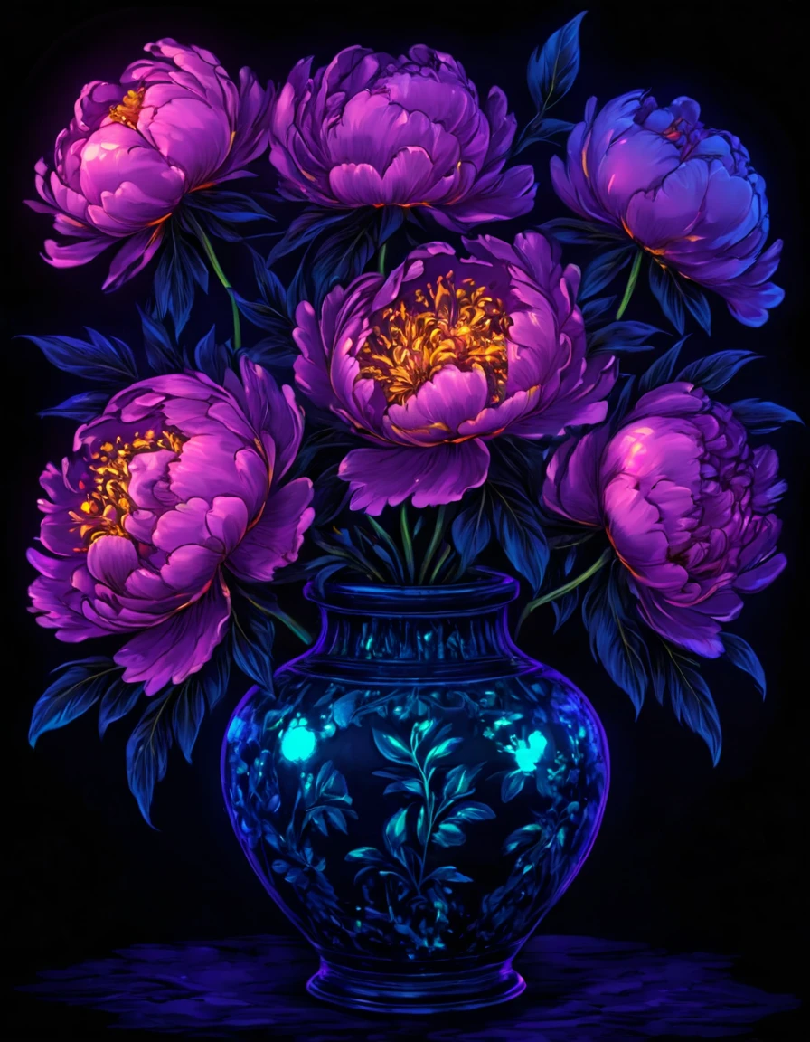 novuschroma80 style peonies flowers in a vase  blacklight art <lora:novuschroma80 style:1>