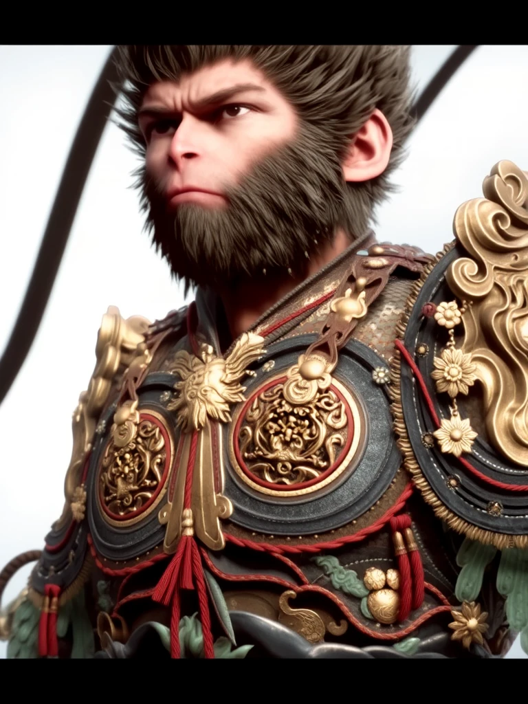 wukong, This image is a highly detailed digital illustration featuring a fierce, mythical character with an anthropomorphic appearance. The character is depicted as a humanoid figure with a large, muscular build and a prominent, bushy mane of dark hair. He has a stern, serious expression with sharp, piercing eyes and a slightly raised brow, suggesting a sense of determination or readiness.
The character is dressed in ornate, elaborate armor that is richly detailed with intricate patterns and motifs. The armor is predominantly dark, likely black or dark blue, with gold and silver accents that catch the light, giving it a shimmering effect. The armor is adorned with various decorative elements, including ornate shoulder pads, intricate designs on the chest plate, and long, flowing red ribbons that add a touch of color and contrast. The armor is heavily embellished with traditional Asian motifs, such as dragons and floral patterns, indicating a possible East Asian influence in the design. look at viewer <lora:wukong:1>