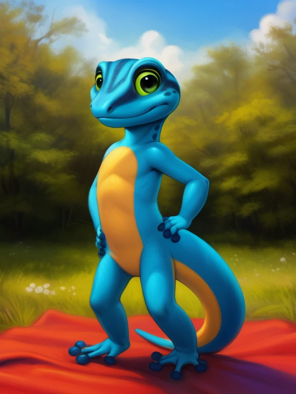 <lora:HodariGecYif:0.8> HodariGec, gecko,  blue body, green sclera, black eyes, green sclera, black eyes, yellow belly, chibi,
(solo focus), Looks at the viewer,  ((Hands on hips, standing,))
[ large window, (nature), forest, grass, day shining, clouds, flowers, blanket, blue pillows, candles, bed, pillows, ]
(beautiful, aesthetic, perfect, delicate, intricate, saturated colors), masterpiece, digital drawing, best quality,
[by kenket|by totesfleisch8], by thebigslick:by silverfox5213:0.8], [by syuro, by paloma-paloma::0.2, (Tricksta, TotesFleisch8)