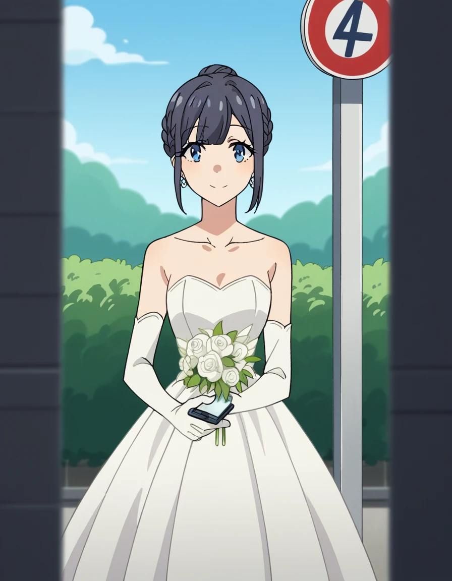 score_9, score_8_up, score_7_up, source_anime, <lora:shouko-makinohara-s1-movie-ponyxl-lora-nochekaiser:1>, shouko makinohara, blue eyes, black hair, braid,, hair bun, french braid, single hair bun, gloves, dress, bare shoulders, jewelry, collarbone, earrings, elbow gloves, white gloves, white dress, strapless, white flower, strapless dress, wedding dress, long dress,, bus stop, waiting, commuter, smartphone, checking time, cold morning, smile, looking at viewer, solo,, cowboy shot, dutch angle