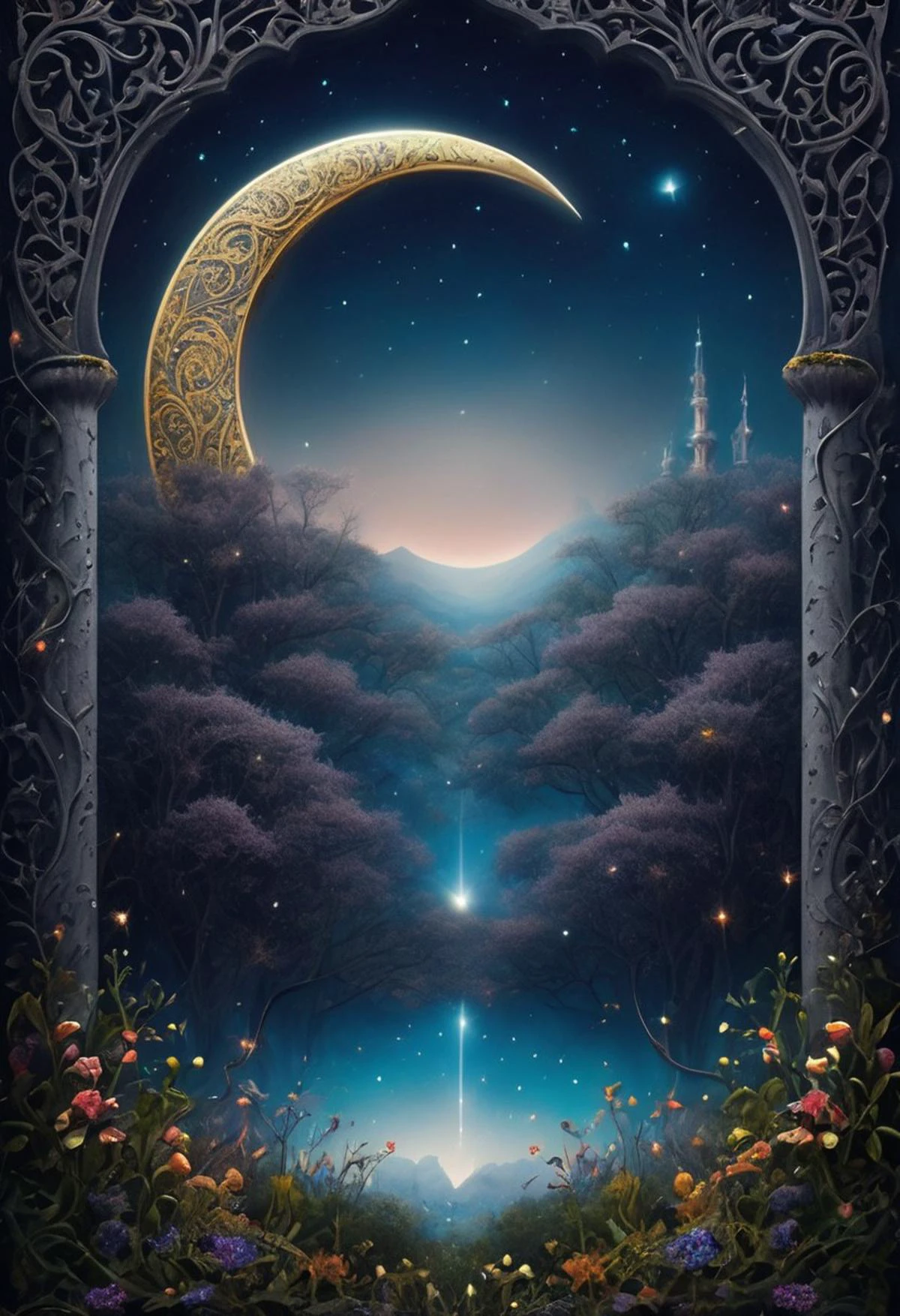 reality-shot, realism, realistic photography of a fantastical crescent moon with whimsical elements, magical fairytale landscape, elaborate fantasy style art, dark grey theme, intricate details, ultra sharp, exquisite detail, flawless composition, vivid colors, masterpiece, exciting background