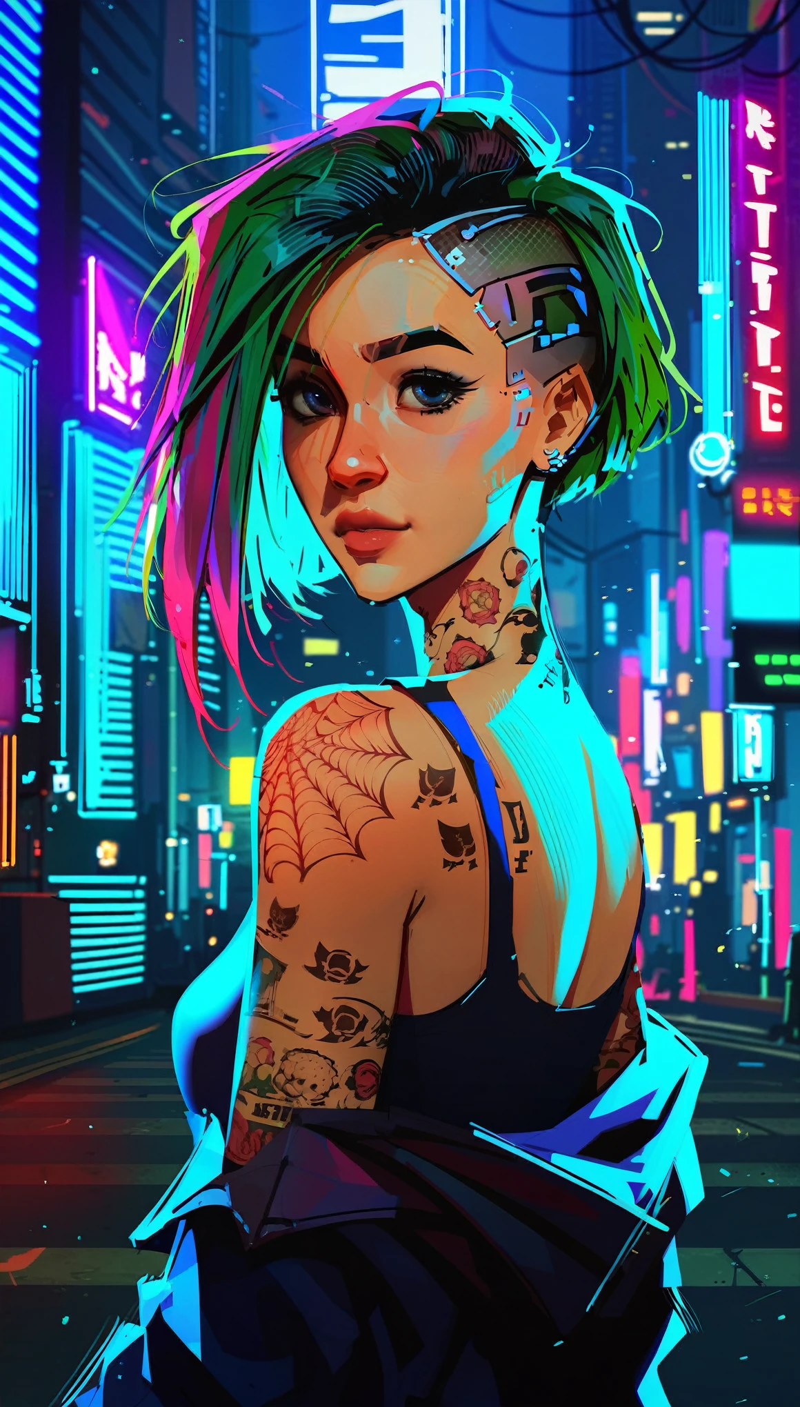 score_9, score_8_up, score_7_up, On the cybernetic streets of Night City, Judy Alvarez from "Cyberpunk 2077" works on a neon-lit tech project. Her tattooed arms and focused gaze accentuate her tech-savvy skills and rebellious allure, making her a standout character in a dystopian world.