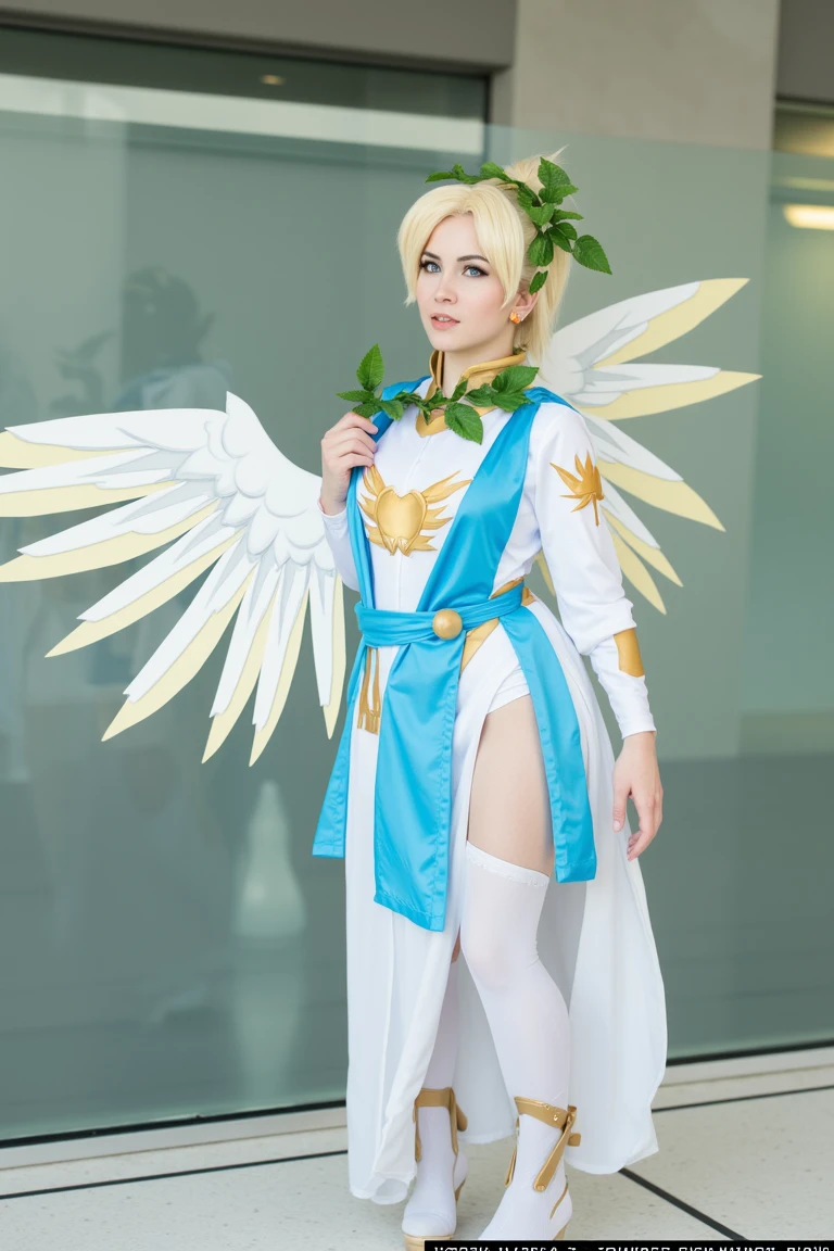 Winged Victory Mercy Cosplay in an office building. white and blue robe with gold accents, white feathered wings, green ivy