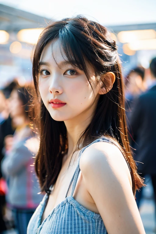 masterpiece, best quality, ultra-detailed, ultra high res, (photorealistic:1.4), raw photo, (realistic:0.2), 8k HDR, realistic lighting, looking at viewer, 1girl, solo, asymmetrical hair, outdoor, sky, (traditional market:1.2), bokeh, (detailed lips), (detailed pores), (detailed skin textures), (detailed face:1.2), (body:1.2), a woman portrait in a sundress, cowboy shot, thigh gap,