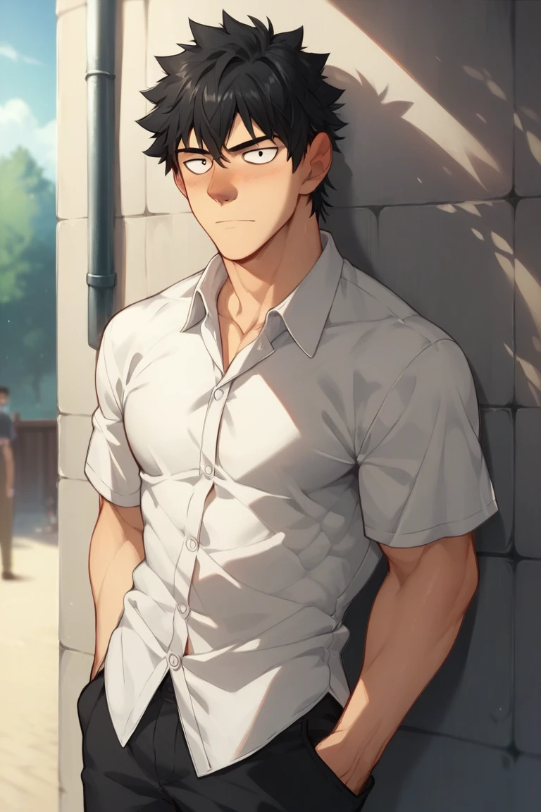 score_9, score_8_up,score_7_up, 1boy, solo, male focus, muscular, black hair, black eyes, white shirt, black pants, leaning against wall casually, outside, hands inside pockets, looking at viewer, slightly tilted up head, untucked  shirt <lora:HanDaewi:1> blushed nose, front view