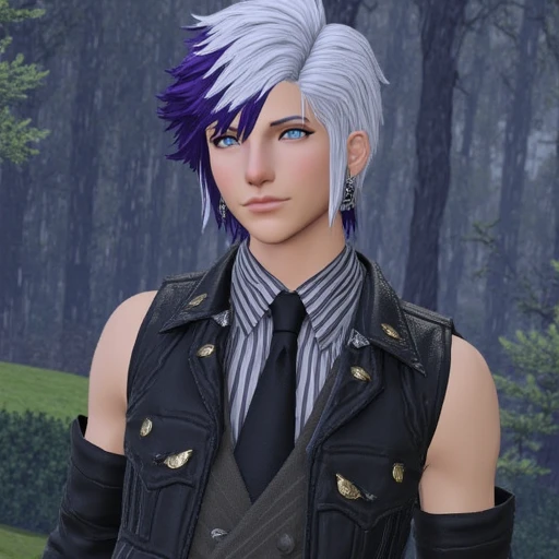 dt_xiv_style, looking at viewer, short hair, blue eyes, shirt, animal ears, jewelry, jacket, purple hair, white hair, male focus, earrings, outdoors, multiple boys, necktie, sleeveless, 2boys, tree, rain, miqo'te, score_9, score_8_up, score_7_up, score_6_up, score_5_up, score_4_up,