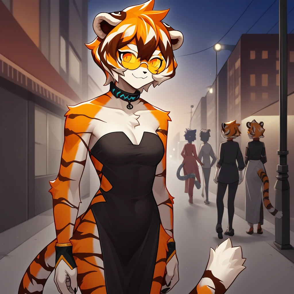 score_9, score_8_up, score_7_up, score_6_up, score_5_up, score_4_up, zPDXL2,source_furry,rating_questionable, 1girl, cowboy shot, urban, night, backless dress, strapless dress, collar bone, smile, <lora:Waai_Fu_-_Arknights:0.8> waaifu_arknights, furry female, tiger ears, orange hair, tiger girl, short hair, multicolored fur, tiger tail, orange-tinted eyewear,