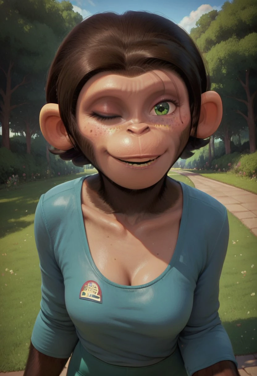 score_9, score_8_up, score_7_up, furry, chimpanzee, ape, female, primate girl,1girl, beautiful face, petite, 20yo female, brown hair, blue shirt, yoga pants, green eyes, freckles, score_9, score_8_up, score_7_up, BREAK, 1girl, solo, looking at viewer, cute, smiling, smug, walking, wink at viewer, head tilt, afternoon, park, grass, trees, afternoon, female focus, looking at viewer, detailed background, 4k, masterpiece, best quality, highly detailed, realistic, closeup