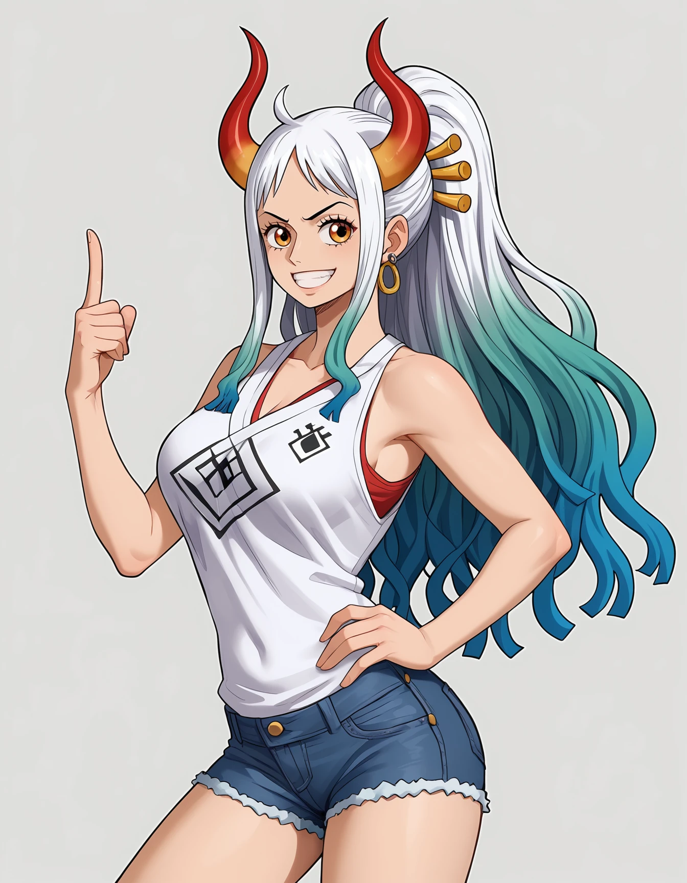 yamato (one piece), solo, 1girl, jeans shorts, sleeveless tshirt, smile, simple background