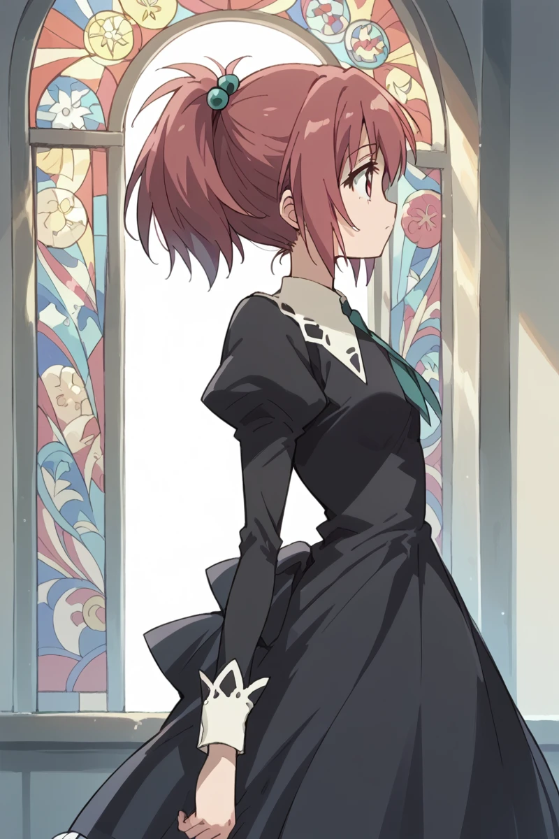 score_9, score_8_up, score_7_up, score_6_up,
 <lora:Nagisa_Aoi:1> nagisa, miator, 1girl, solo, stained glass, dress, ponytail, black dress, hair ornament, long sleeves, hair bobbles, profile, short hair, school uniform, puffy sleeves, red hair, window