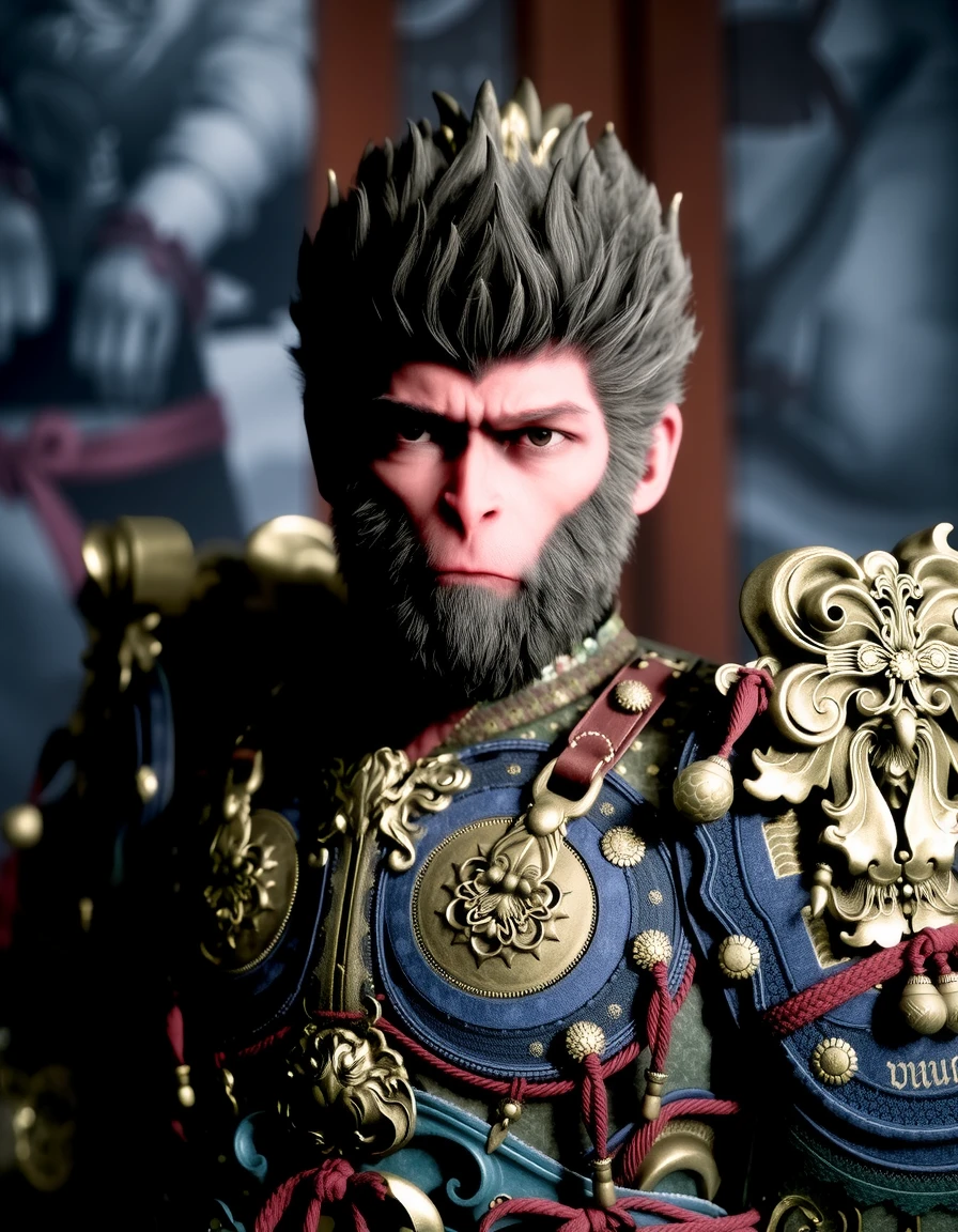 wukong, This image is a highly detailed CGI rendering of an anthropomorphic monkey character, likely inspired by traditional Chinese mythology or folklore. The character is depicted in an elaborate, ornate suit of armor, which is richly detailed and features intricate patterns and motifs. The armor is predominantly dark blue with gold and silver accents, including ornate designs, intricate floral patterns, and small, shiny beads. The character's face is stern and serious, with a thick, bushy beard and a fierce expression. His eyes are dark and piercing, adding to the intensity of his gaze.
The character's head is adorned with a crown of golden spikes, adding to the regal and formidable appearance. His armor extends down to his shoulders, where it is adorned with large, decorative plates and red ribbons that add a touch of color contrast. The background is dark and somewhat blurred, with a hint of a mural or tapestry visible in the upper left corner, which adds to the mystical and ancient atmosphere of the scene.  <lora:wukong:1>