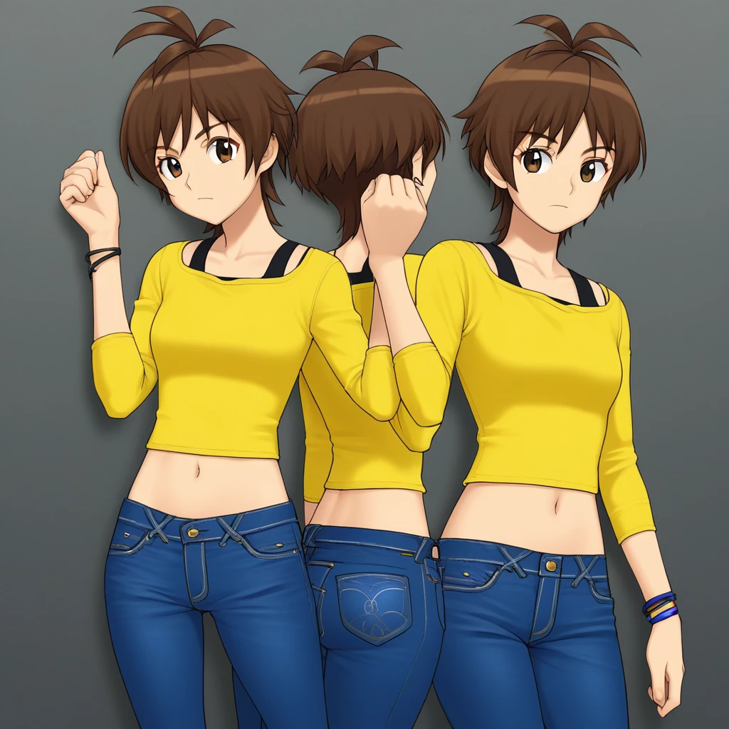 1girl, brown eyes, brown hair, short hair, antenna hair, bracelet, yellow shirt, long sleeves, black strap, navel, midriff, pants, jeans, denim,