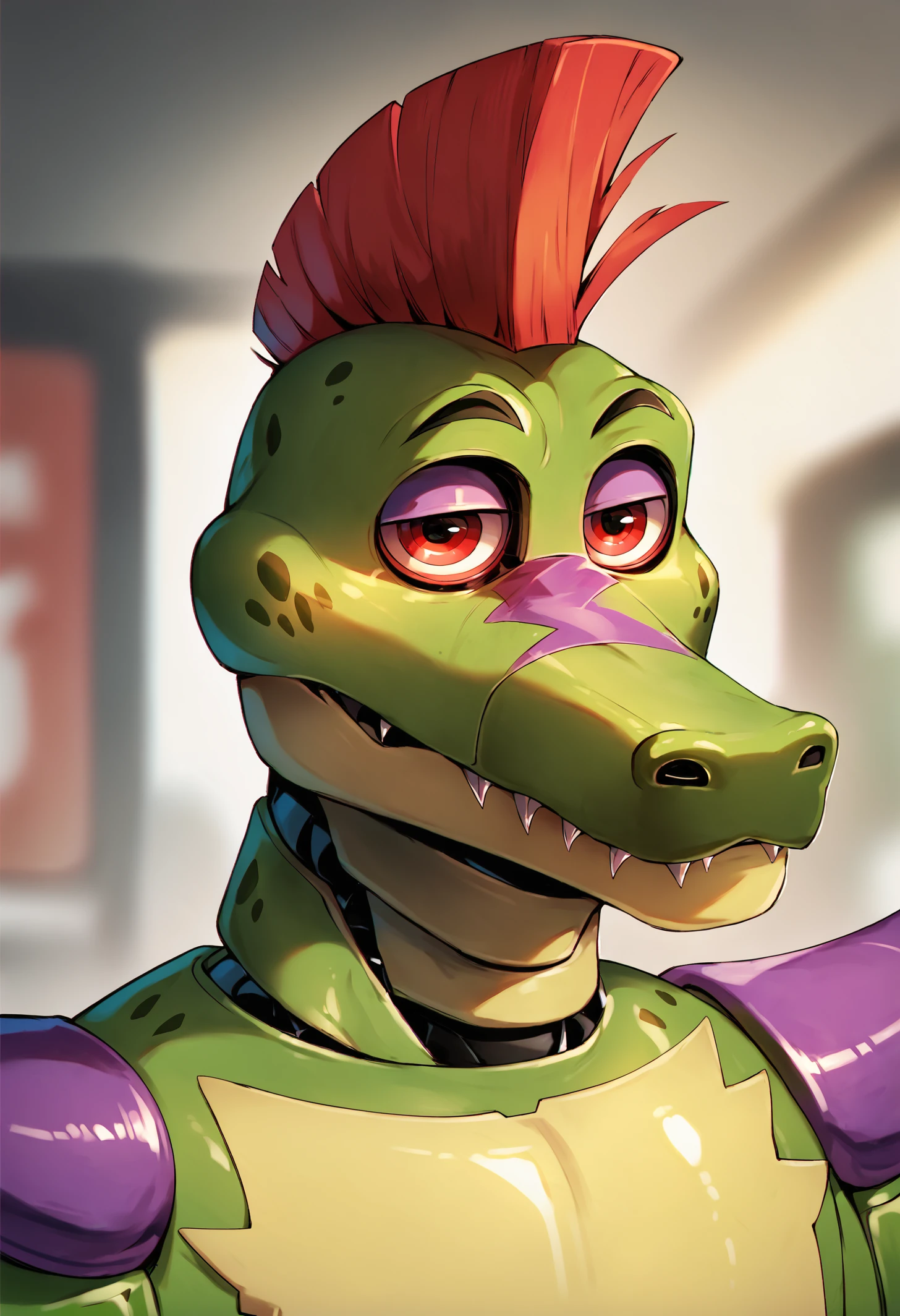 score_9, score_8_up, score_7_up, lots of details, highly detailed, close-up, (montgomery gator, animatronic), (alligator, green skin, red mohawk), male, pizzeria, red eyes, chromatic aberration, detailed eyes, correct eyes, beautiful eyes, masterpiece, amazing quality, best quality, 8k <lora:Monty:0.96>