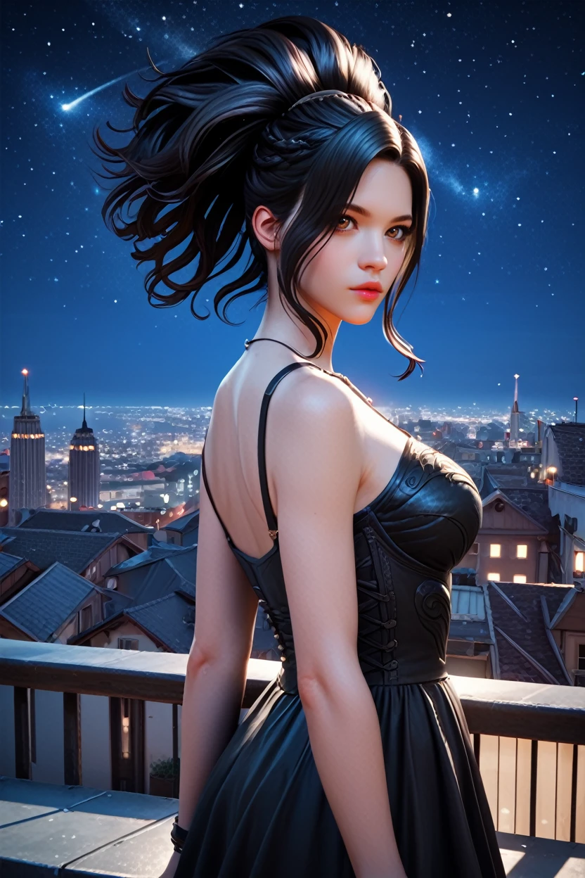 score_9, score_8_up, score_7_up, score_6_up
<lora:LABlackf:1.0>
LABlackf, 1girl, black hair, brown eyes, looking at viewer, standing on a rooftop at night, city lights twinkling below, wind gently blowing hair, starry sky above, mysterious and enchanting ambiance