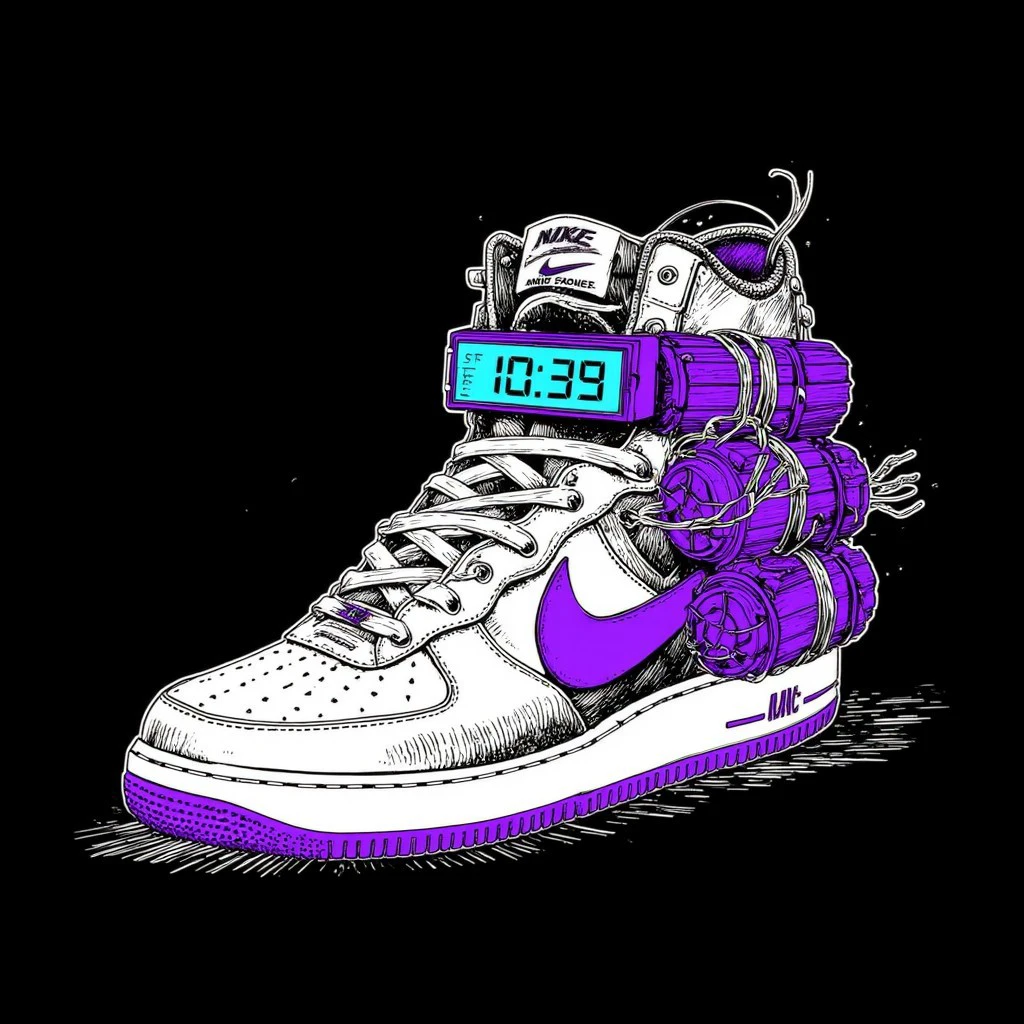 A hand-drawn cyberpunk anime illustration of a high-top Nike Air Force 1 sneaker transformed into an explosive device. The shoe features a prominent digital timer display on its side, emitting a purple light. Bunches of dynamite sticks are tightly wrapped around the sneaker's body. A sleek purple Nike swoosh logo stands out on the shoe's side. Sharp, detailed linework defines the shoe's texture and laces. Monochrome palette using black and white for the main elements, with vibrant purple accents for the timer, swoosh, and dynamite. Set against a dark background.