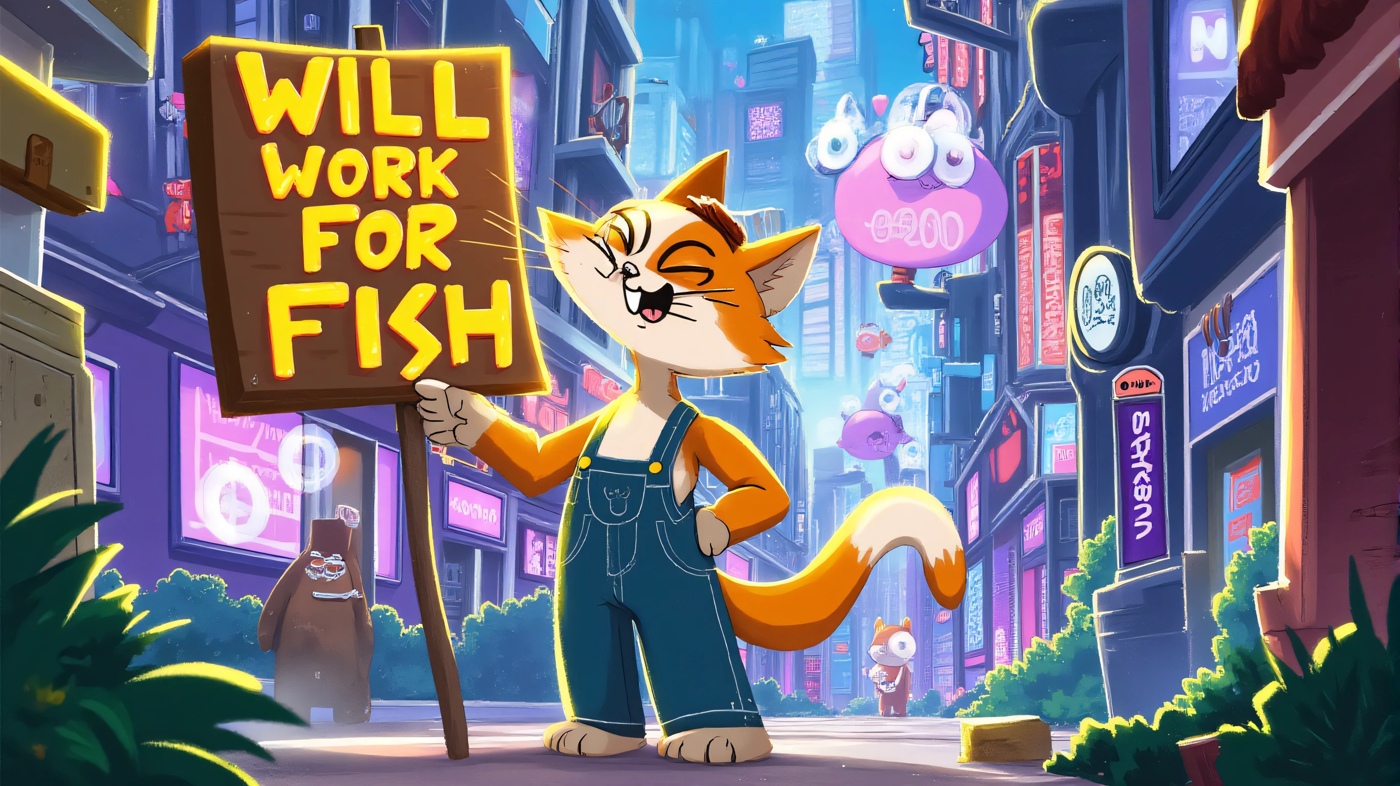 child book illustration, A playful cat stands upright on its hind legs, holding a sign that reads "Will work for fish" in bold, futuristic letters. The cat wears a slightly worn denim overall, contrasting with the high-tech environment around it. Its fur is a soft mix of orange and white, with a mischievous glint in its eyes. The background is a chaotic, bustling futuristic city, filled with neon lights, towering skyscrapers, and flying vehicles. The city is alive with activity, with holographic advertisements and robotic pedestrians adding to the sense of a busy, high-tech world. The chaotic setting contrasts with the cat’s simple and humorous sign, making it stand out even more.