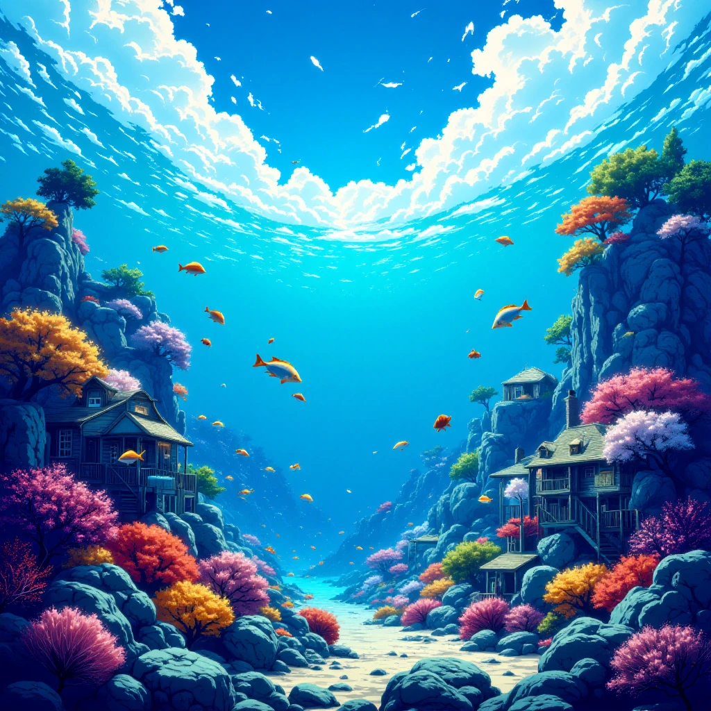 Underwater Sky: A serene scene where the sky is replaced by an ocean, with colorful coral reefs and schools of fish floating above a peaceful village that rests on the ocean floor. in the v1v1d34m style,<lora:v1v1dr34m:1>,