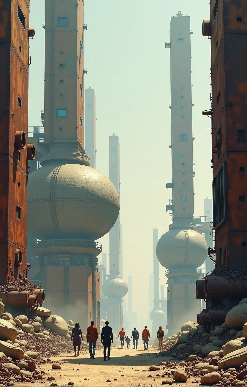 a futuristic cityscape with tall rusted buildings and spherical structures. The scene is captured from a low angle emphasizing the height of the buildings. The sky is hazy adding to the dystopian atmosphere. The ground is littered with debris and a group of people can be seen walking in the foreground. The image is a painting and the colors are muted giving it a realistic and gritty feel. The overall impression is of a post-apocalyptic world