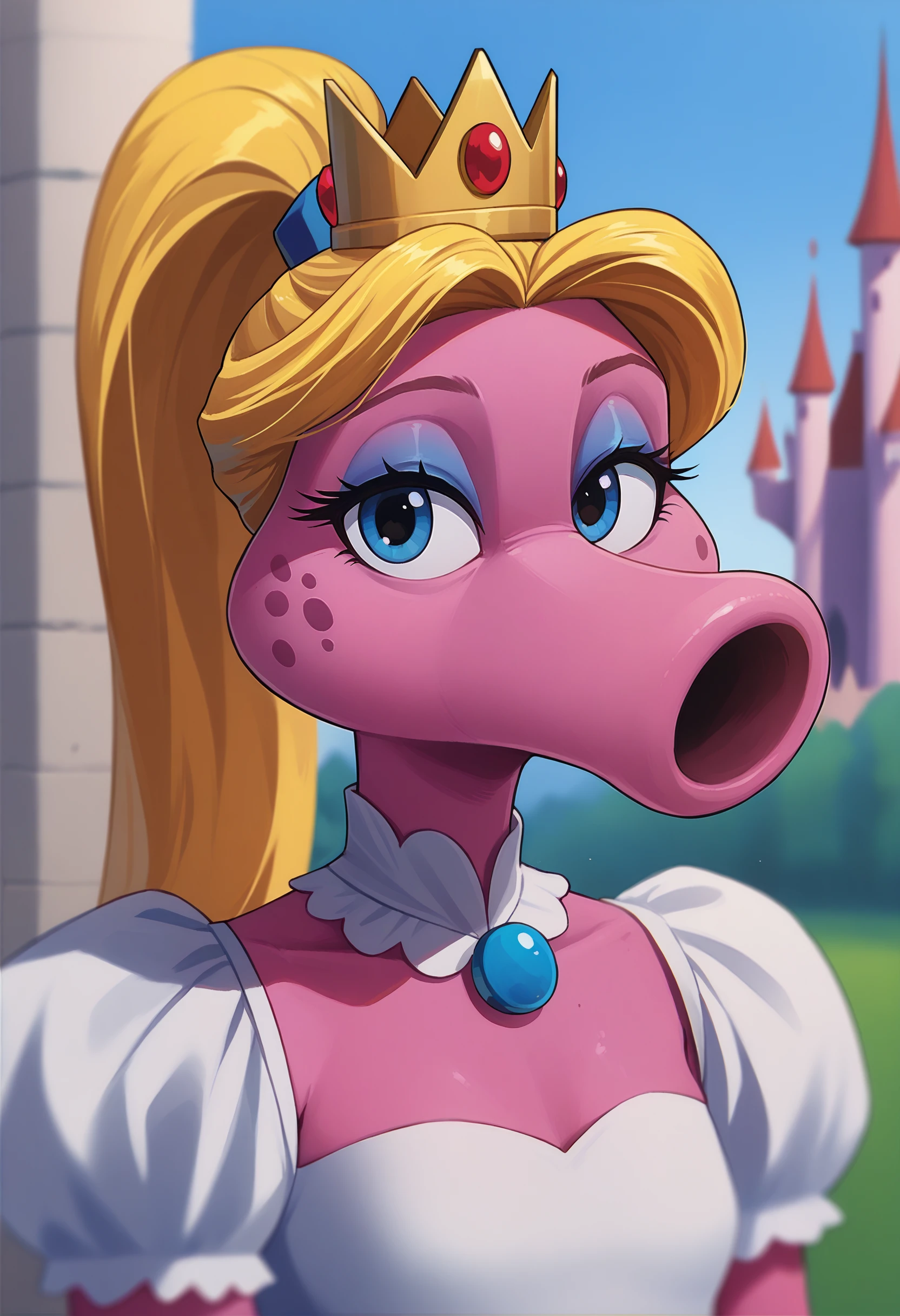 score_9, score_7_up, <lora:birdo-guy-PONY-LyCORIScr-v1:.98>, 1girl, solo, birdo, furry female, makeup, pink skin, two-tone skin, portrait, upper body, headshot, looking at viewer, castle, crown, dress, depth of field, ponytail, blonde hair