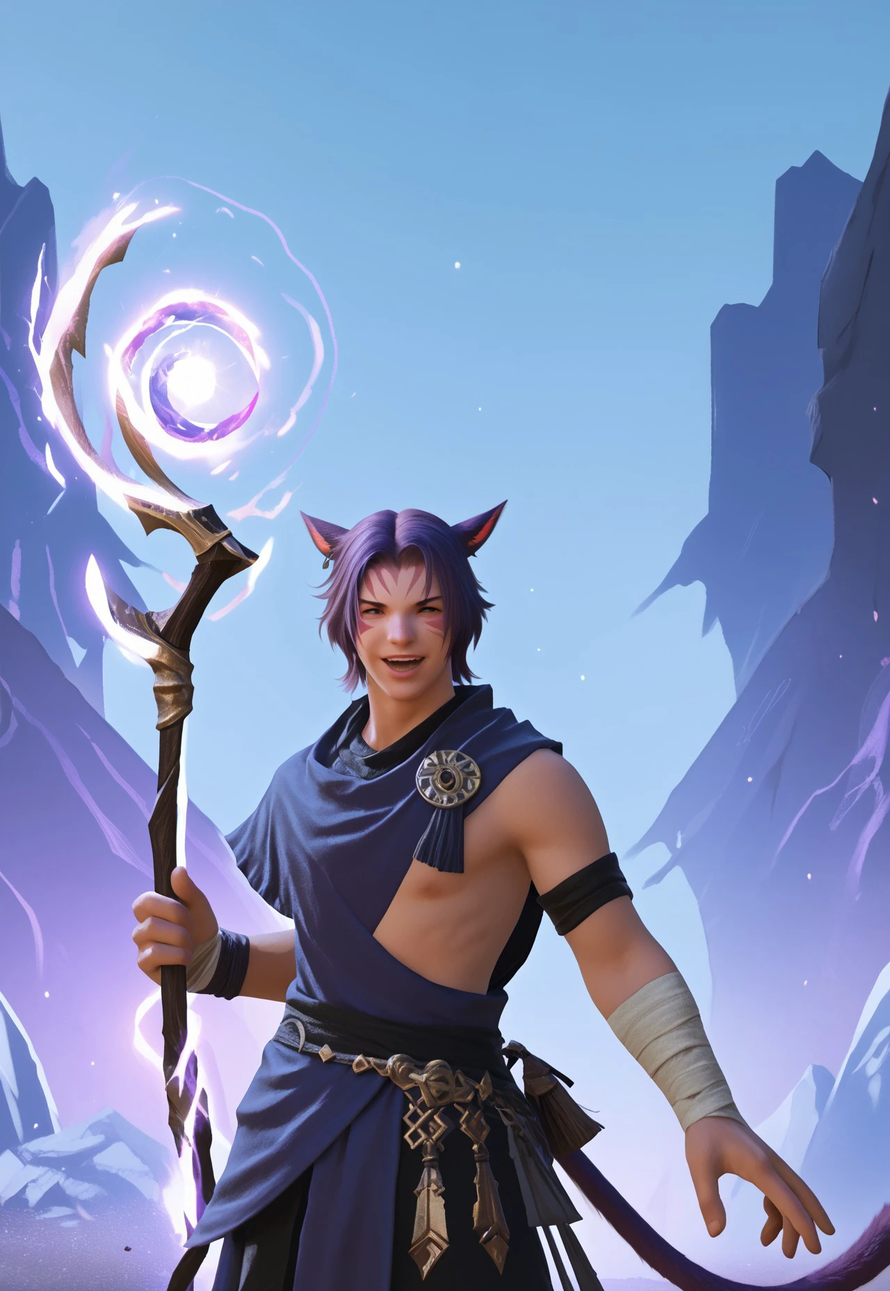 dt_xiv_style,  miqo'te, solo, animal ears, tail, cat ears, facial mark, dark skin, staff, purple hair, cat tail, jewelry, bandaged arm, open mouth, 1boy, male focus, magic, holding staff, bandages, short hair, smile, score_9, score_8_up, score_7_up, score_6_up, score_5_up, score_4_up,