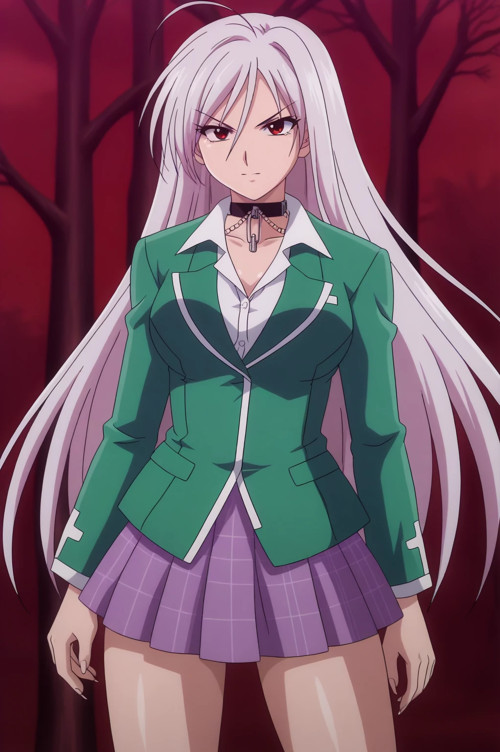 Under the cherry blossom tree background,
School uniform, Green jacket,White collared shirt, Black Choker,
Chained,Jewelry,
White hair,Long hair,Red Eyes,Bangs,
1 girl, 20yr old,infp young woman,Beautiful Finger,Beautiful long legs,Beautiful body,
Beautiful nose,Beautiful character design, Perfect eyes, Perfect face,Expressive eyes,Perfect balance,
Looking at Viewer,(focus on her whole body),Closed mouth, (Innocent_Big_Eyes:1.0),(light_Smile:0.3),
Official art,Highly detailed CG Unity 8k wallpaper, Perfect Lighting,Colorful, Bright_front_Face_Lighting,White skin,
(masutepiece:1.0),(best_quality:1.0), 超A high resolution,4K,Ultra-detailed,
Photography, 8K, nffsw, hight resolution, absurderes:1.2, Kodak Portra 400, Film grain, Blurry background, Bokeh:1.2, Lens Flare, (Vibrant_Color:1.2),professional photograpy,
(Beautiful,breasts:1.0), (Beautiful_Face:1.5),(narrow_waist),