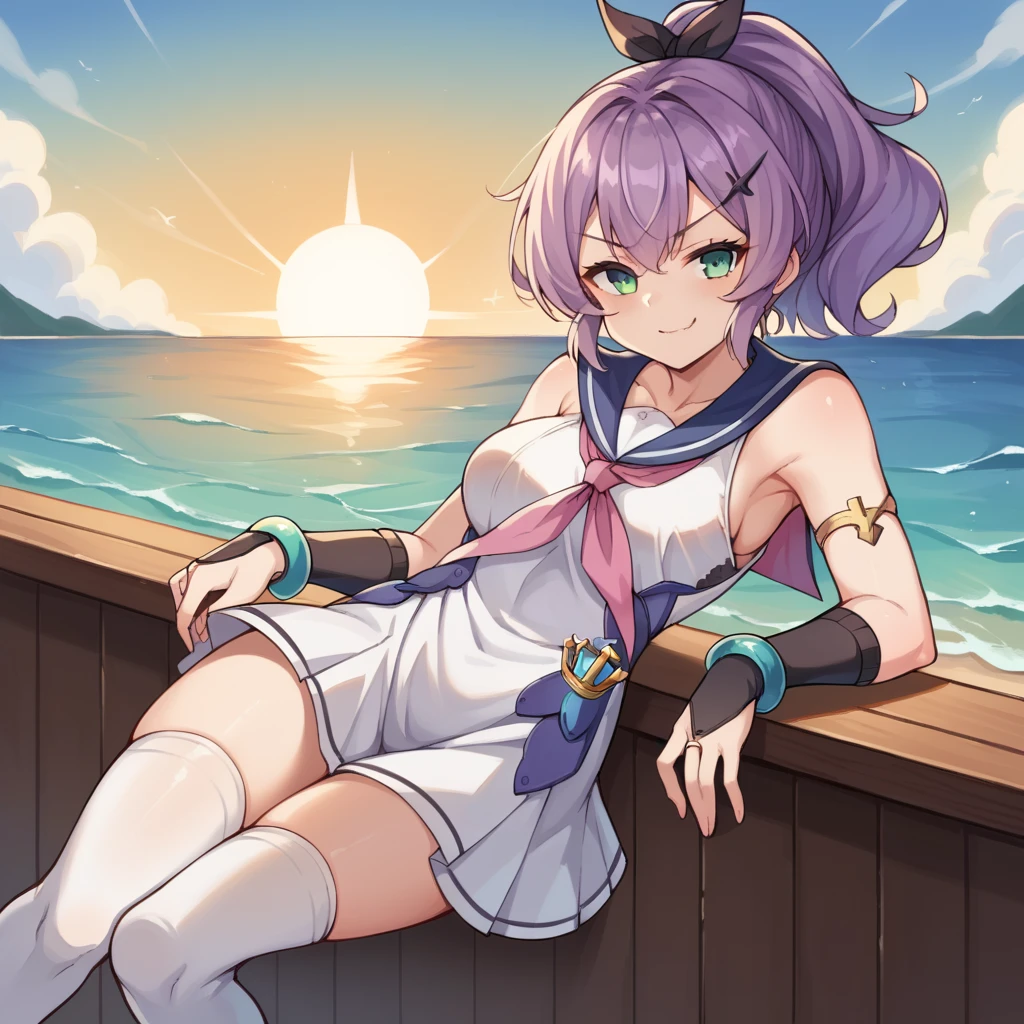 score_9_up, score_8_up, score_7_up, source_anime, masterpiece, best quality, 1girl, solo, Javel_Azur, Jav_Refit, sun light, sea, port, sitting on railing, dangling legs, looking at you, smug smirk, javelin (azur lane), purple hair, green eyes, ponytail, mini crown, hairclip, sleeveless dress, white dress, pink neckerchief, blue sailor collar, black bridal gauntlets, bracelet, black ribbon, white thighhighs, pleated skirt, dynamic cowboy shot, outdoors, sky clouds background