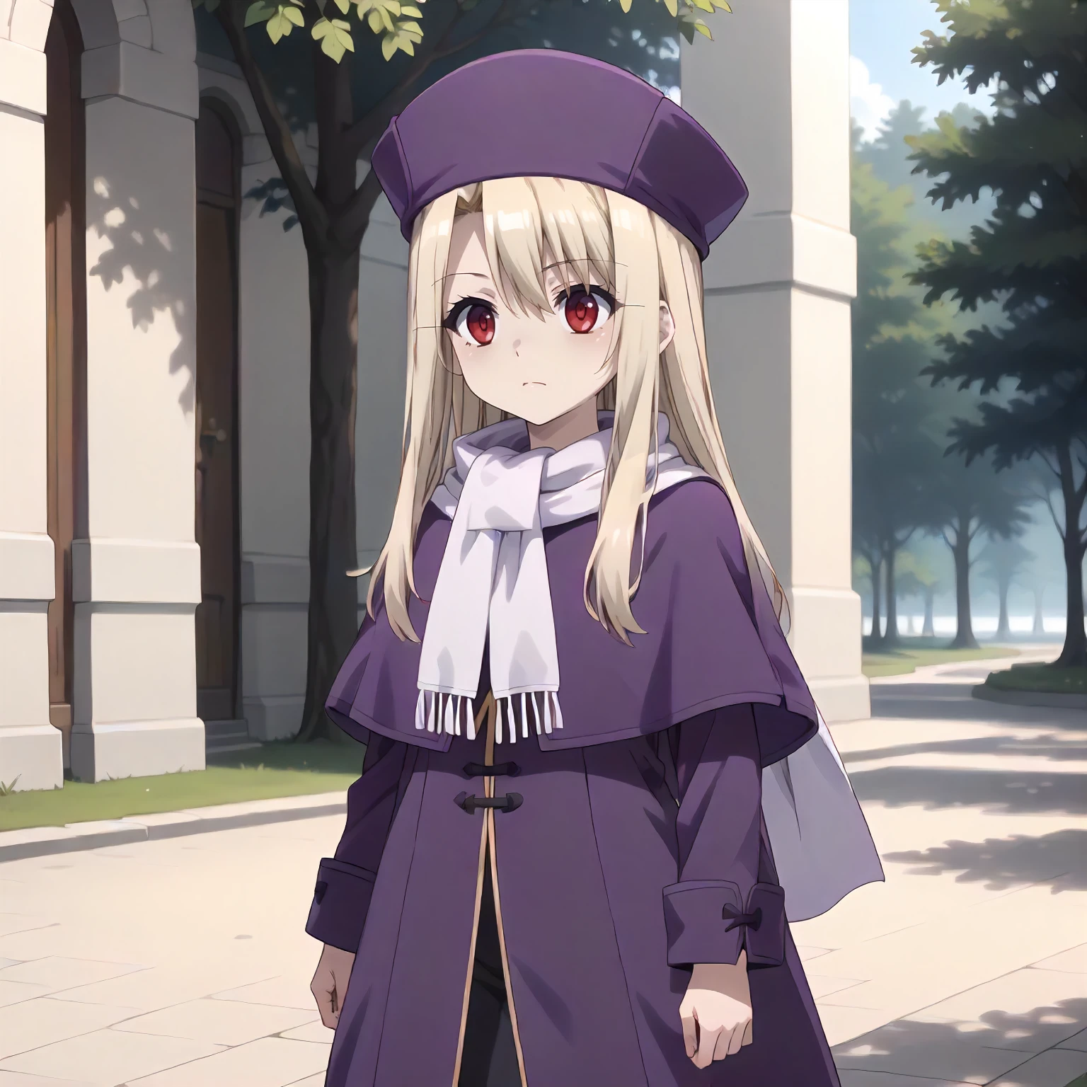 <lora:Fate_IllyaXLpony002>,
outdoors,nature,
solo,
Illya,1girl,blonde hair,long hair,red eyes,
purple hat,
purple capelet,white scarf,purple coat,
standing,