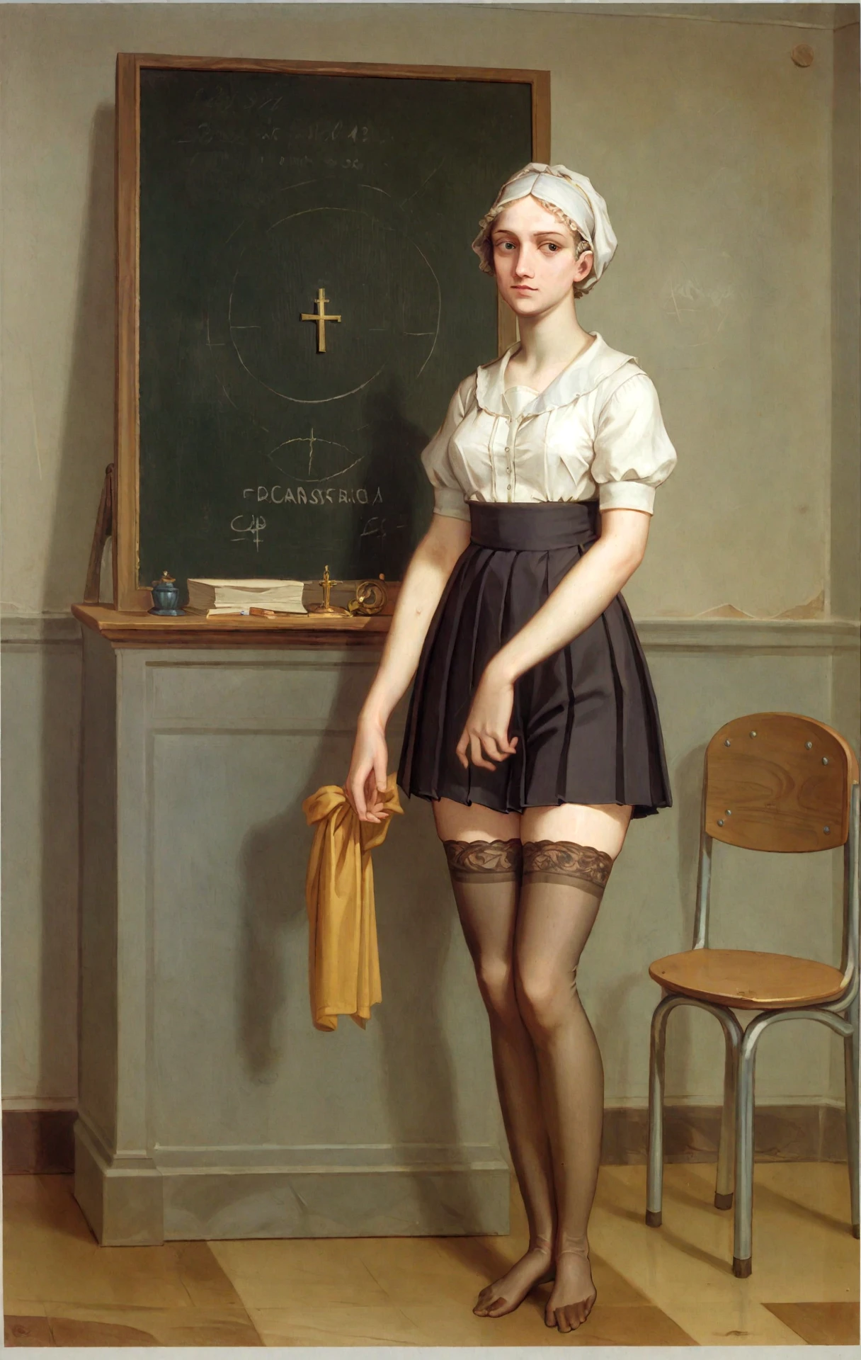 <lora:pierre-paul-prudhon_pony_v1:1>  ' school ' by prud'hon pierre-paul in 1786,religious painting \(genre\)   ,neoclassicism \(style\), Standing before the blackboard, the new teacher at school commands attention. Her attire, a crisp unbottened satin blouse paired with a pleated skirt, is accented by the subtle allure of (laced stockings), adding a touch of fragile femininity to her slender authoritative presence in the classroom. She is revealing her perky protuberant feminity, exposing long narrow calves, (narrow waist), and her gently protuberant skinny curves with fragile, yet authoritative and distiguished feminity, score_9, score_6_up, score_7_up