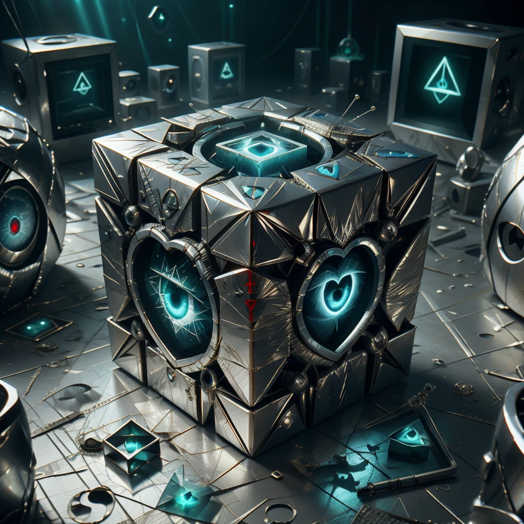 <lora:ConspiracyTech:0.9>, conspiracytech,  scifi,  occult , illuminati, eerie , foil,
heart shape , weighted companion cube,cube